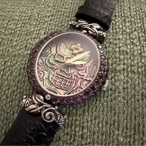 Barbara Bixby Skull Face Watch Garnet Black Leather Band NWOT *Needs Battery*